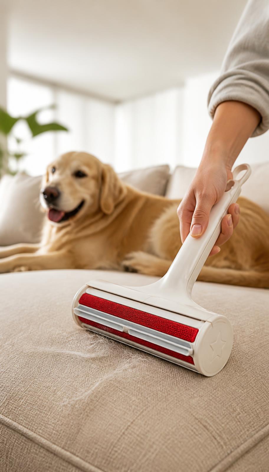 Pet hair remover roller photographed on a warm beige studio background