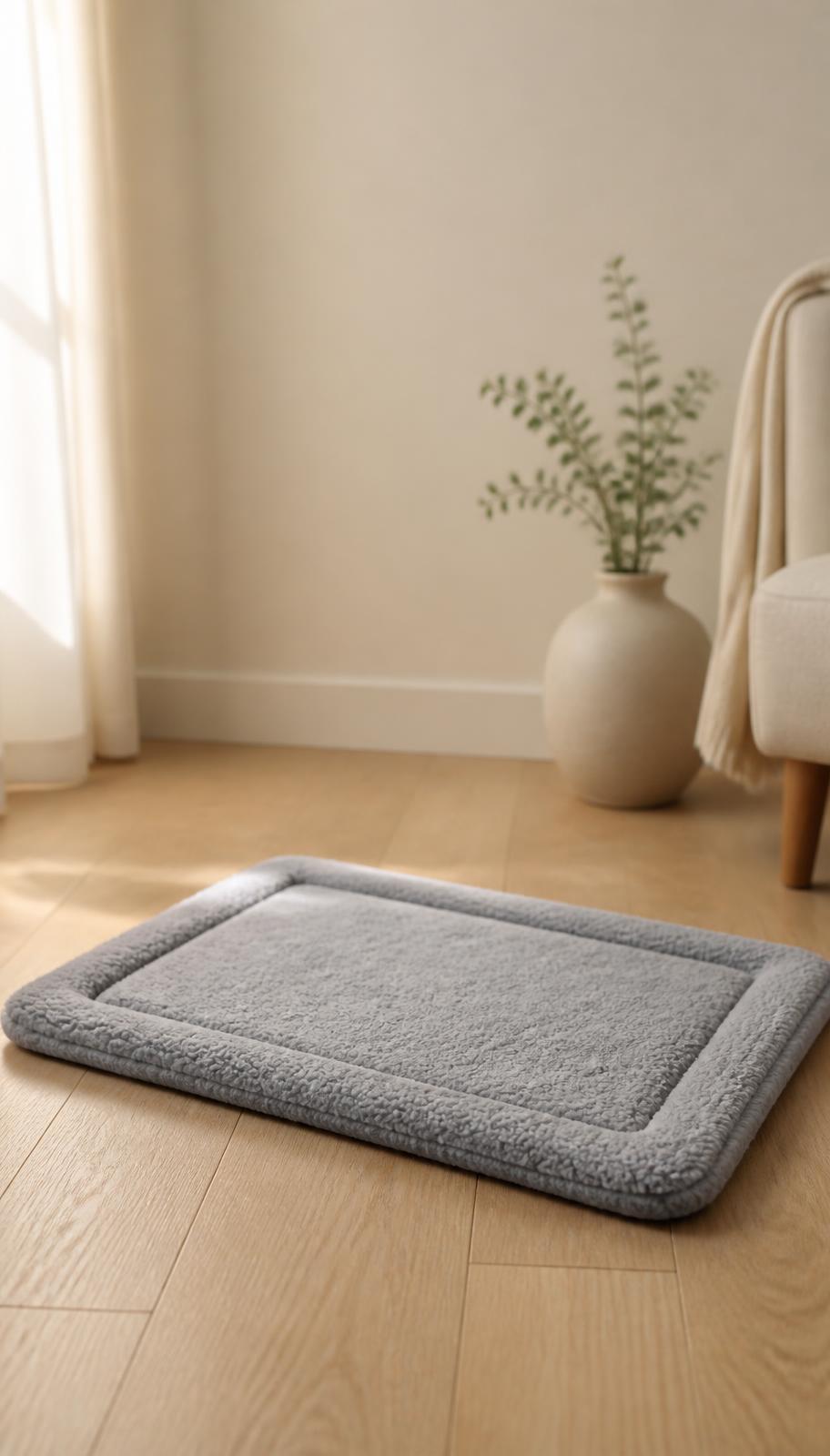 Grey quilted self-warming pet mat photographed on a warm beige studio background