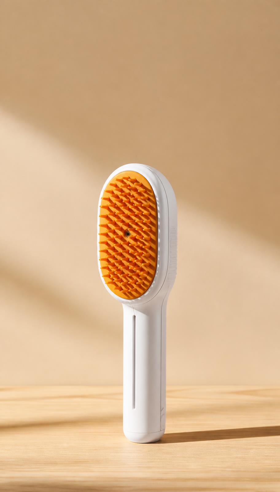 White handheld 3-in-1 pet steam grooming brush on a warm beige studio background