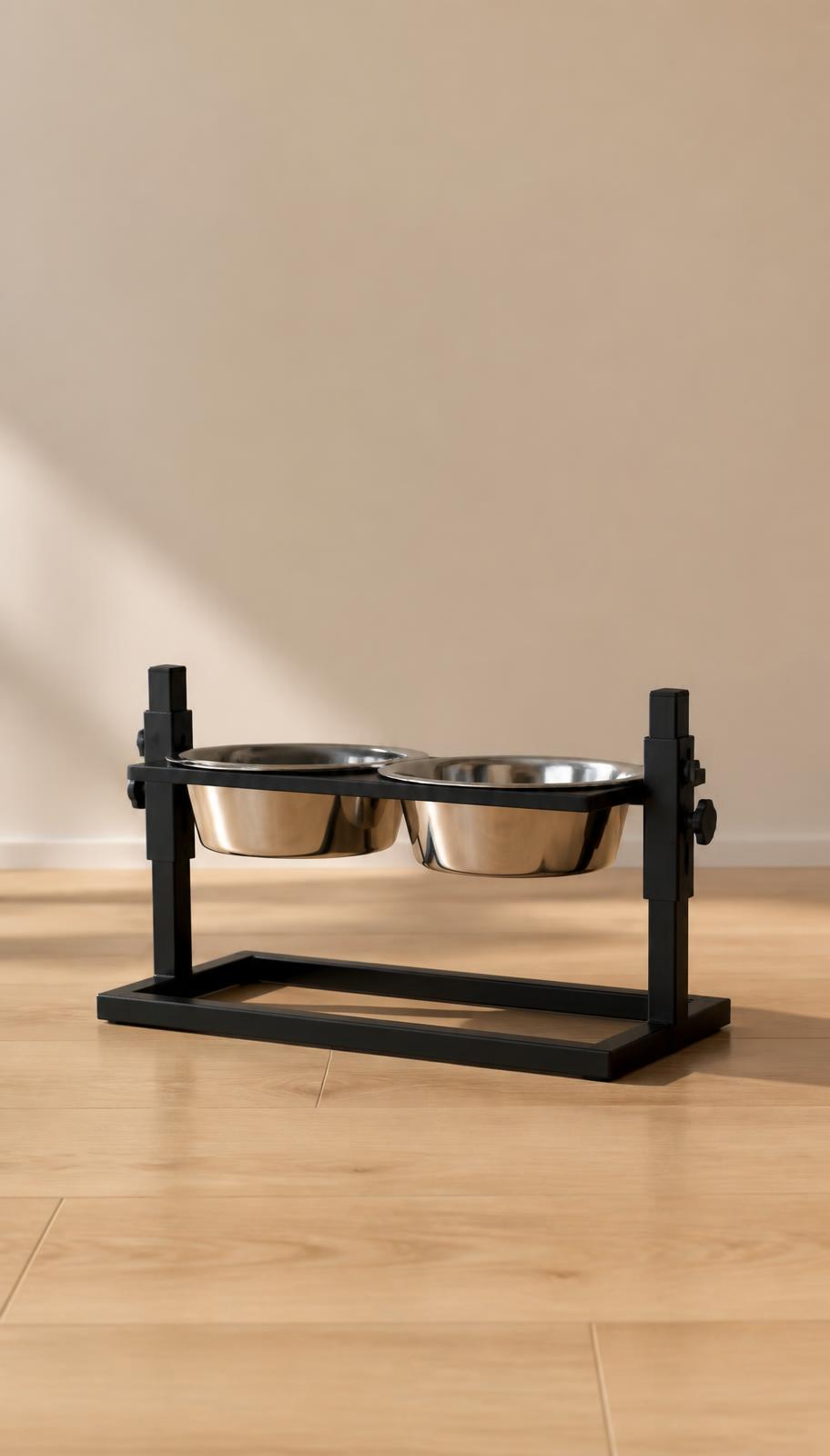 Elevated wooden dog feeding stand with two stainless steel bowls on a warm beige background