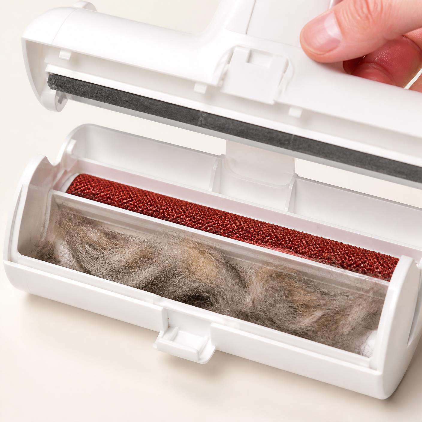 Close-up of the Pet Hair Remover Roller collection chamber opened, showing gathered pet hair