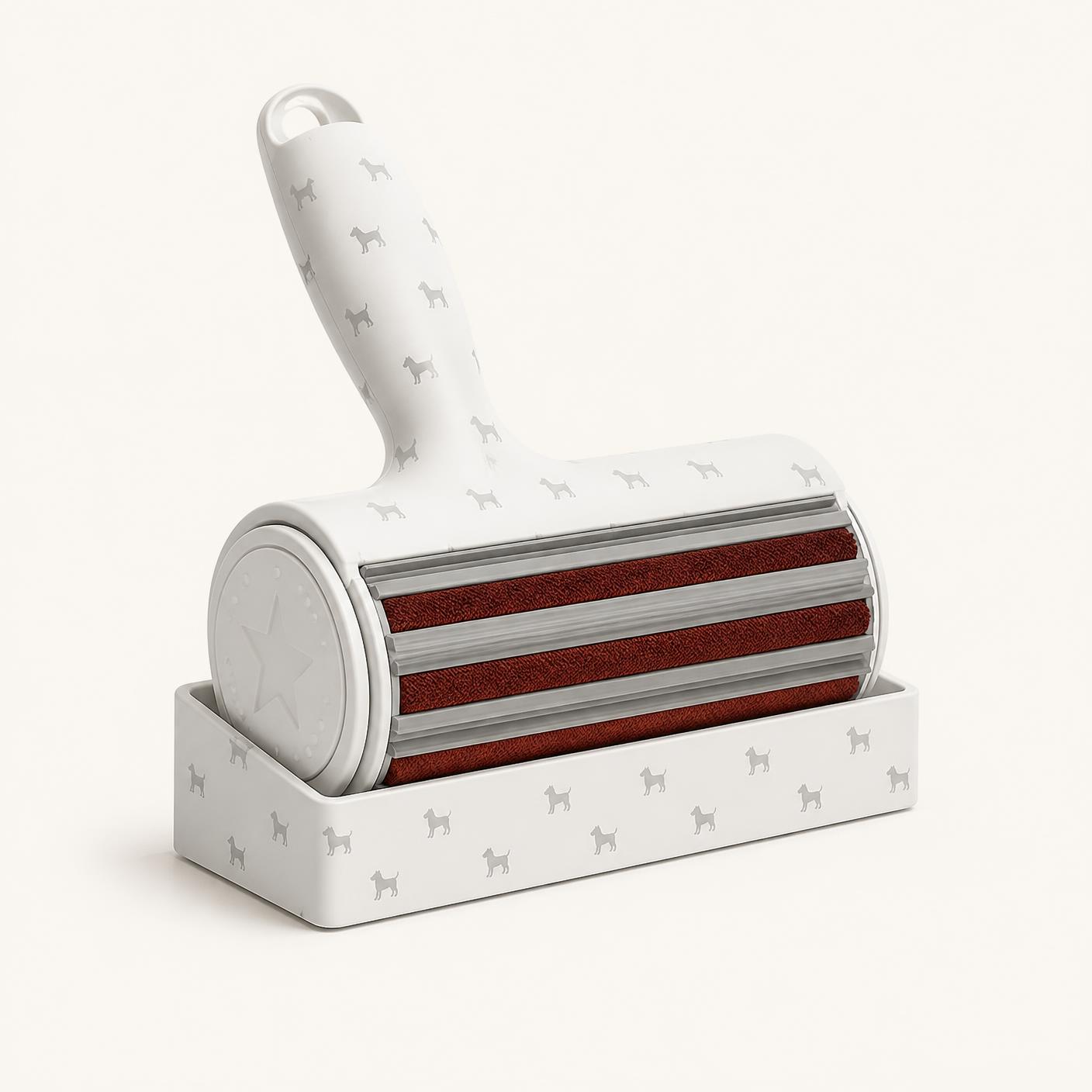 Pet Hair Remover Roller with the dog pattern finish shown on a warm white background