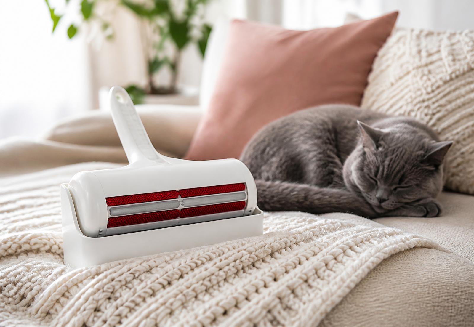 Pet Hair Remover Roller resting on a cream throw beside a grey cat in a bright living room