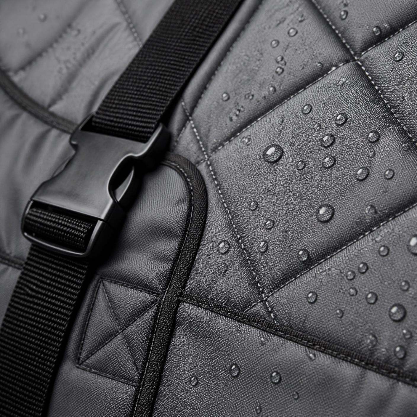 Close-up of water beading on the quilted waterproof face beside a reinforced strap and buckle