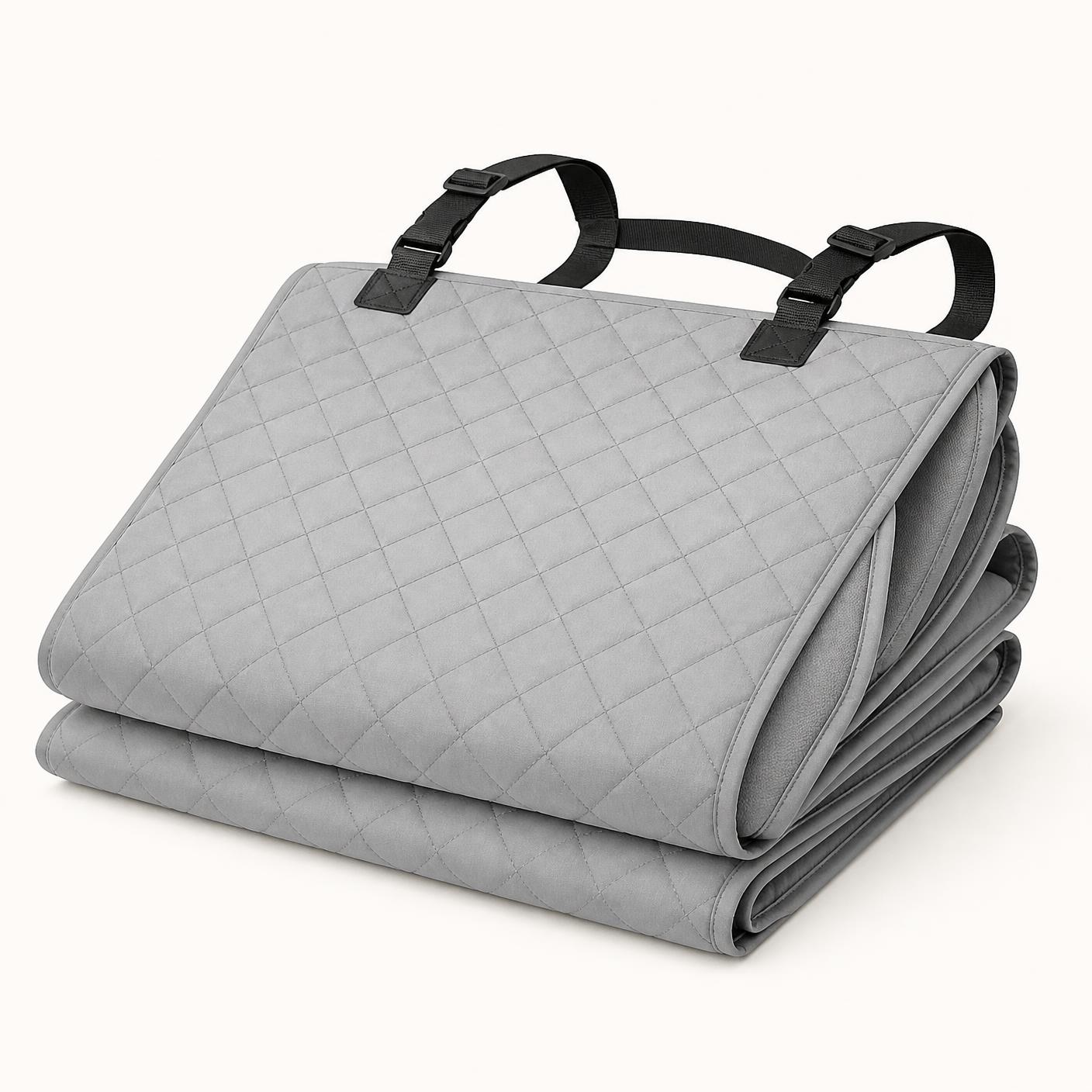 The hammock seat cover in light grey folded to show the quilting and adjustable straps
