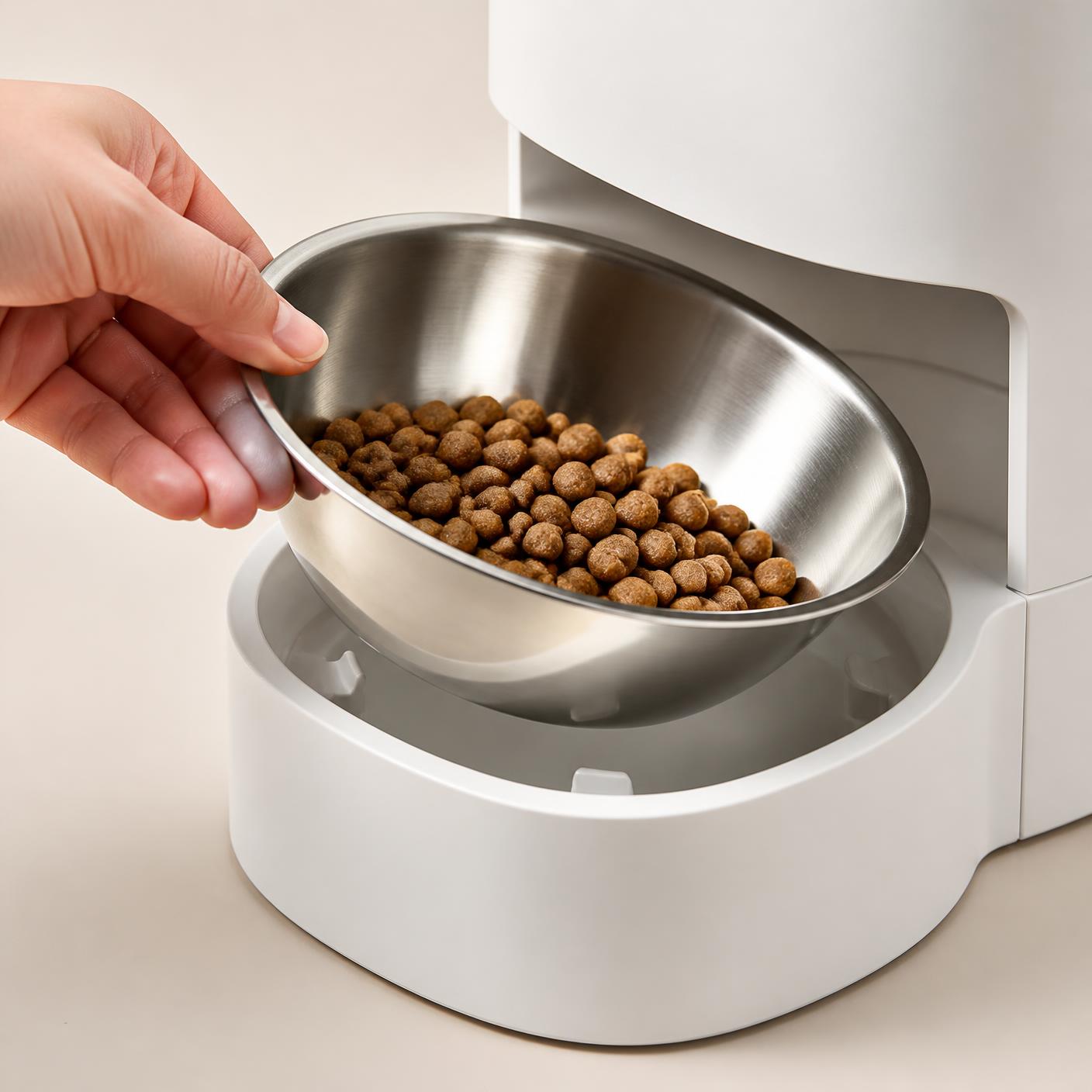 The stainless steel bowl being lifted out of the feeder base with a measured portion of kibble inside