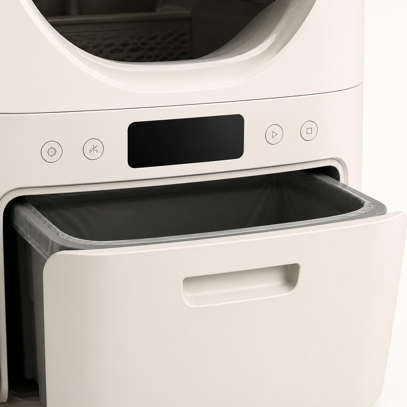 Close-up of the control panel and lined pull-out waste drawer