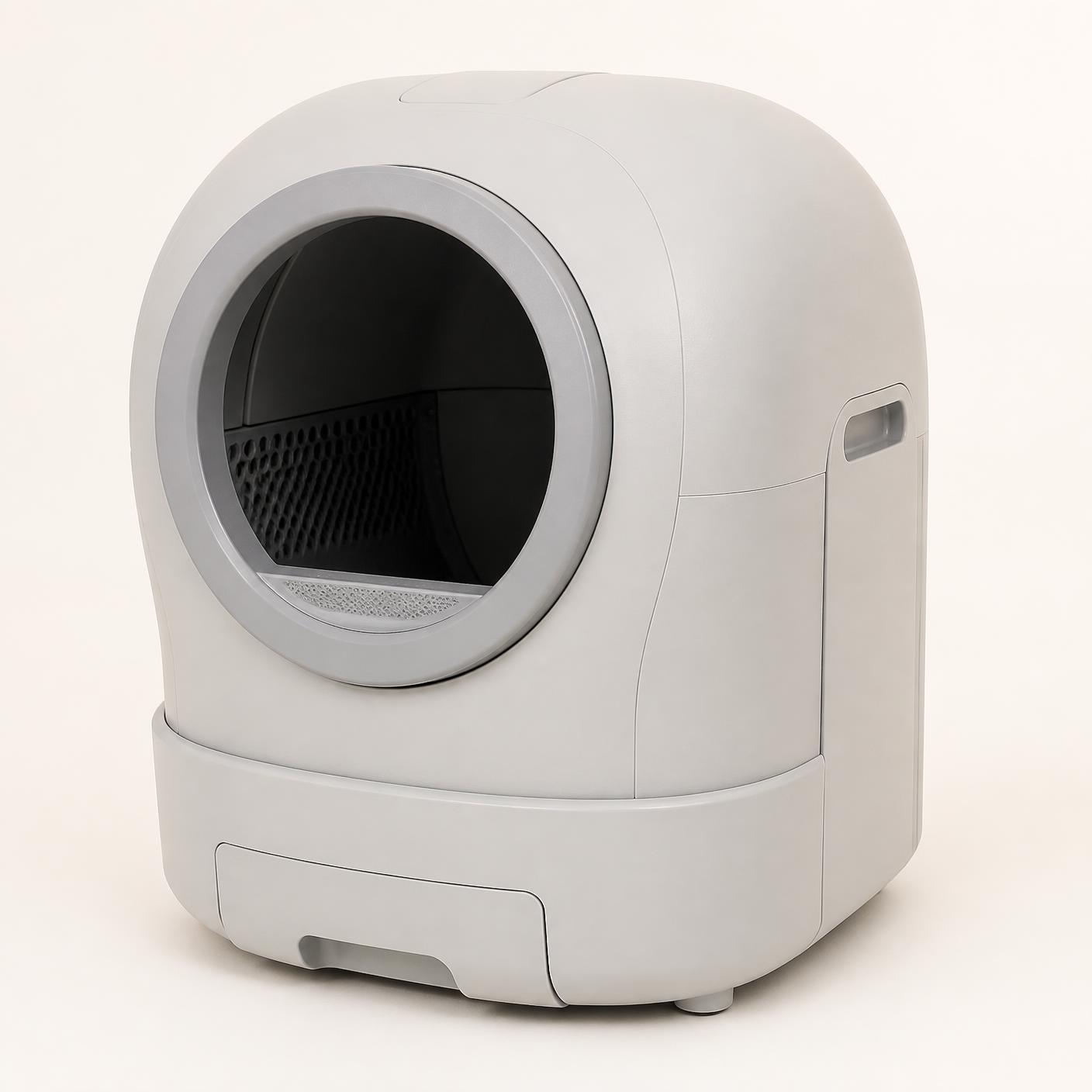 The self-cleaning litter box in light grey