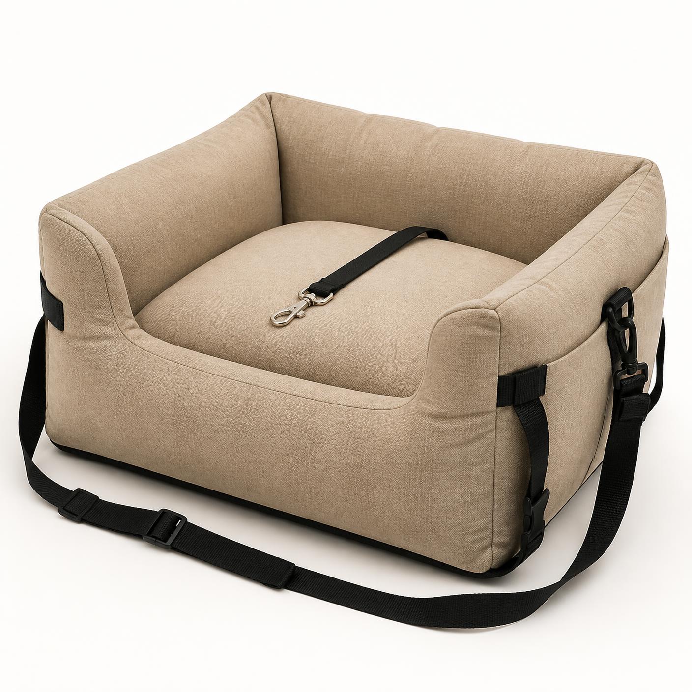 The elevated booster car seat in warm beige