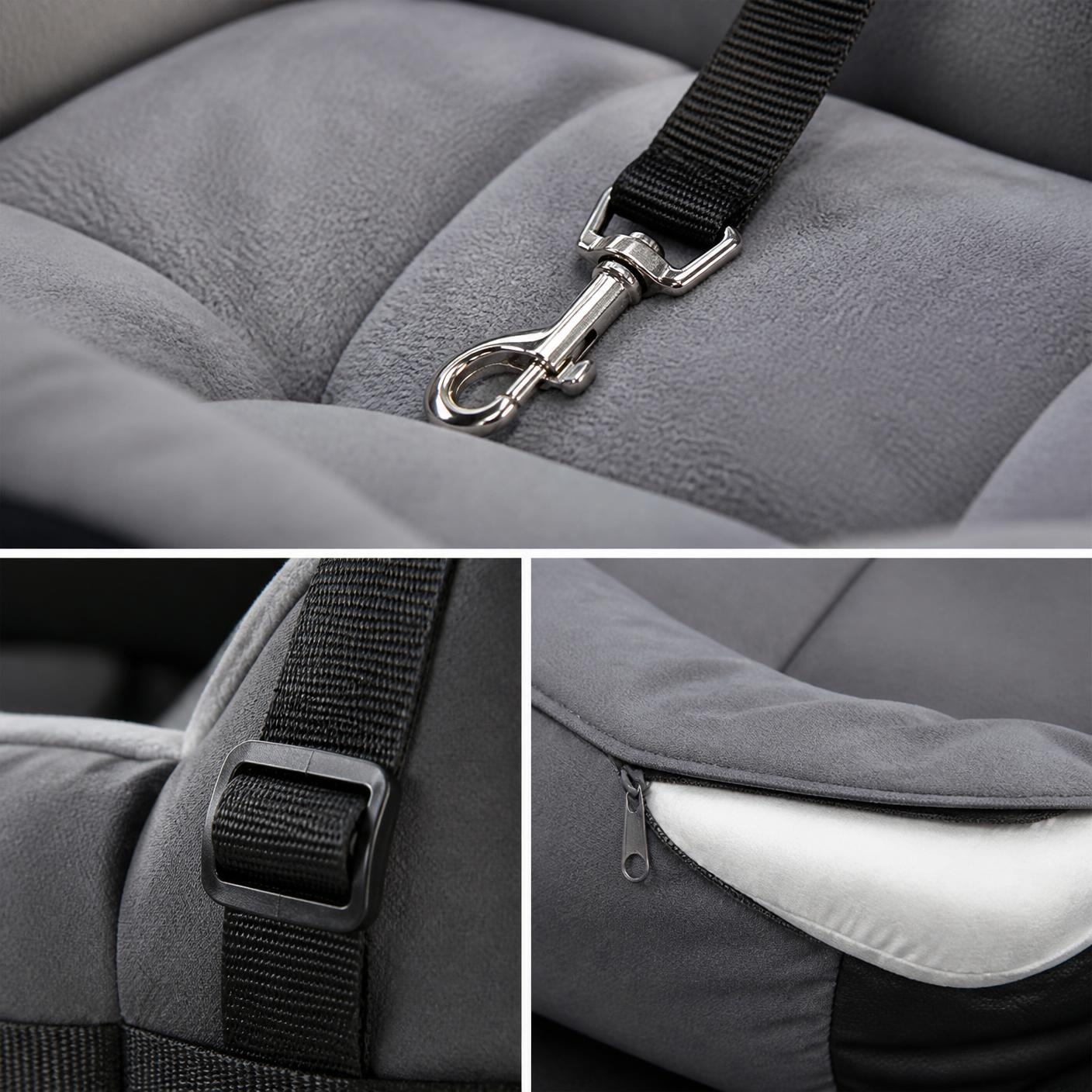 Close-up of the safety tether clip, strap buckle and zipped washable cushion