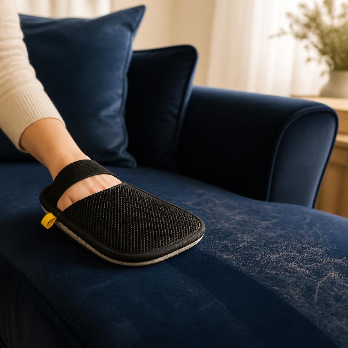 A hand under the elastic strap of the mitt wiping across a linen sofa cushion