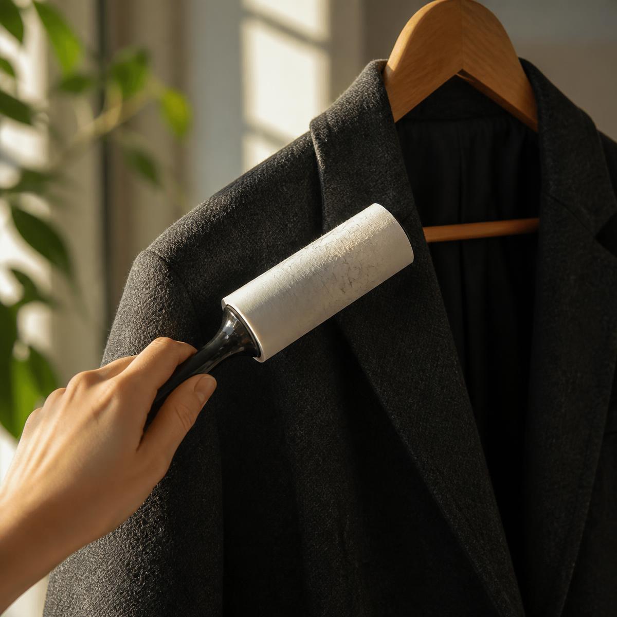 A hand rolling the lint roller down the shoulder of a navy wool coat covered in pet hair