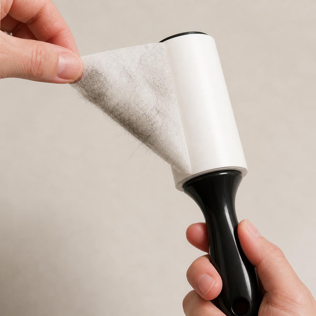A used adhesive sheet covered in collected pet hair being peeled away to reveal a fresh sheet