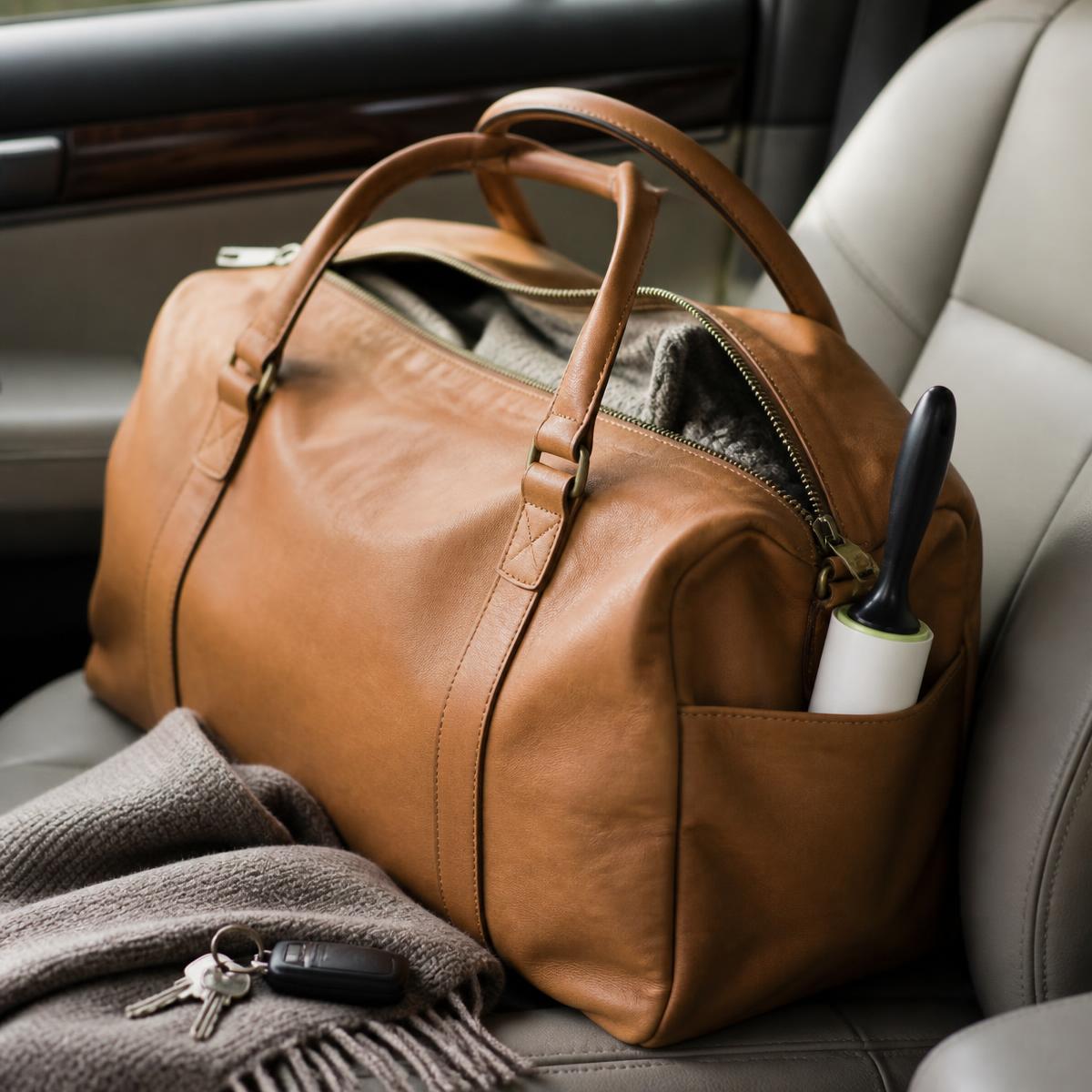 One roller packed in a tote bag on a car seat and the second on a hallway shelf at home