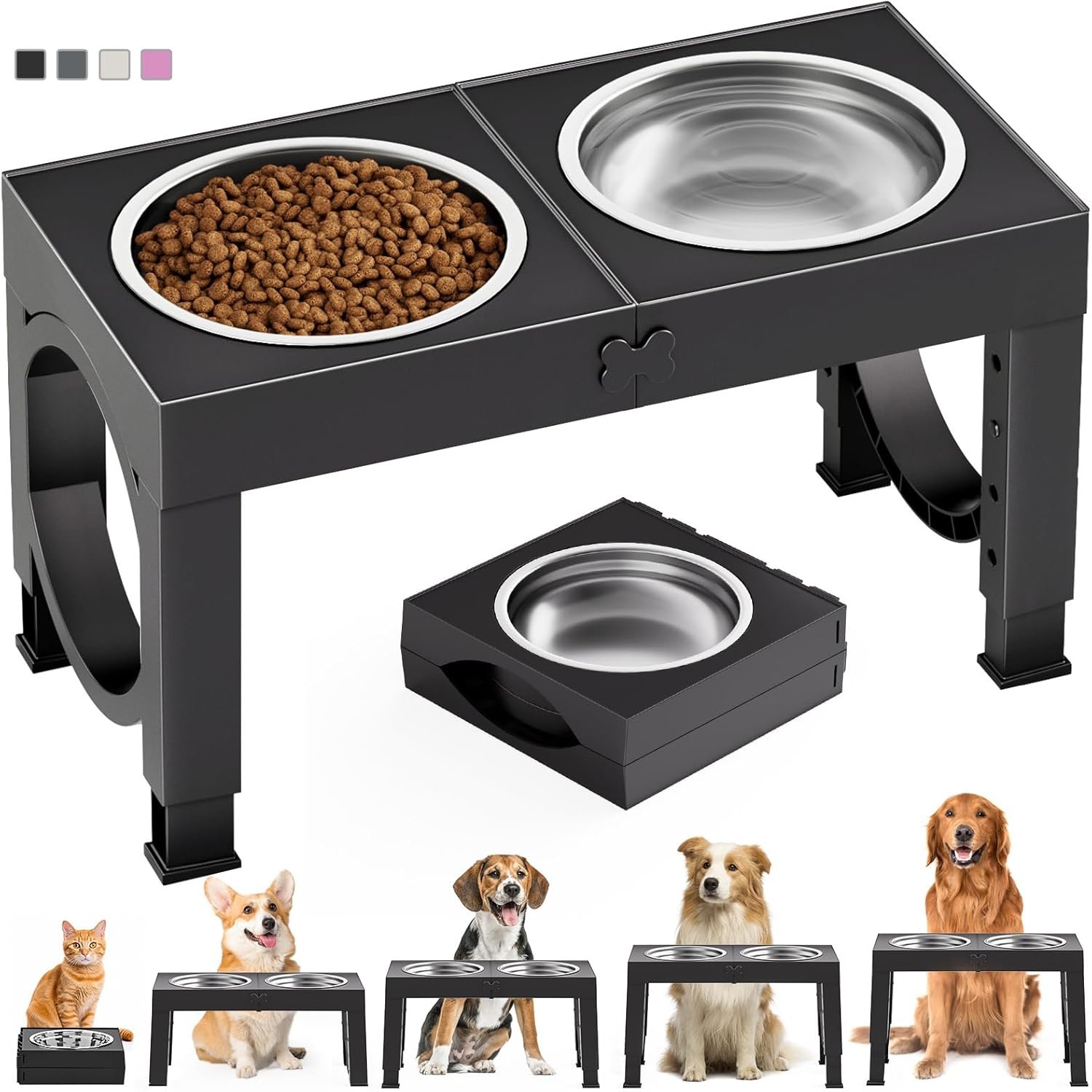 71lu2Mx-Q4L._AC_SL1500_.jpg XIAZ Elevated Dog Bowls Large Breed Raised Dogs Bowl Stand Large/Medium Sized Dog Stainless Steel Food Water Bowl Stands 5 Heights Adjustable 9/11/12/14in Black Pet Feeder Dish Station - Image 1