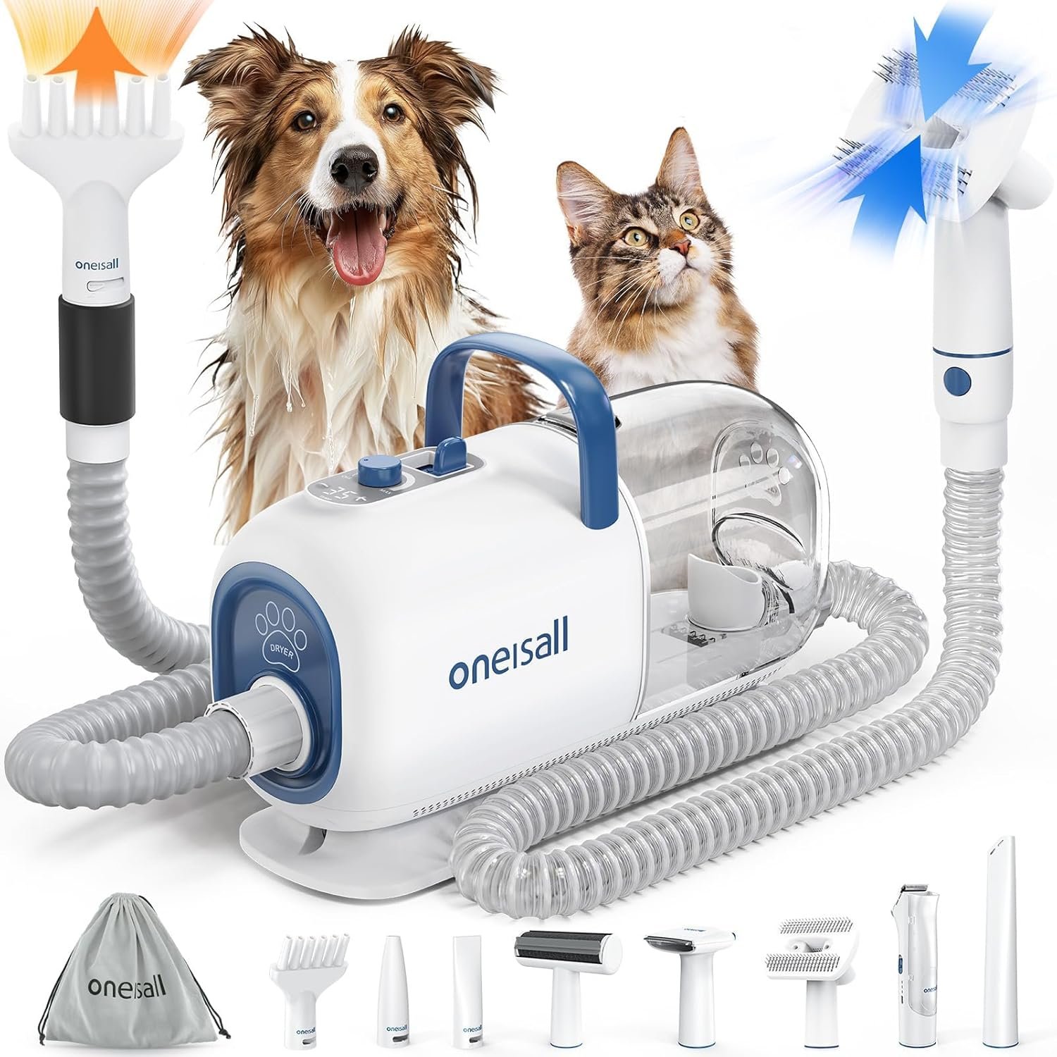 71uFsSHaL4L._AC_SL1500_.jpg oneisall Dog Vacuum & Dryer for Shedding Grooming, 8 in 1 Dog Grooming Kit with Metal Blade Pet Clippers, Adjustable Speed and Temperature Control Blower - Image 1
