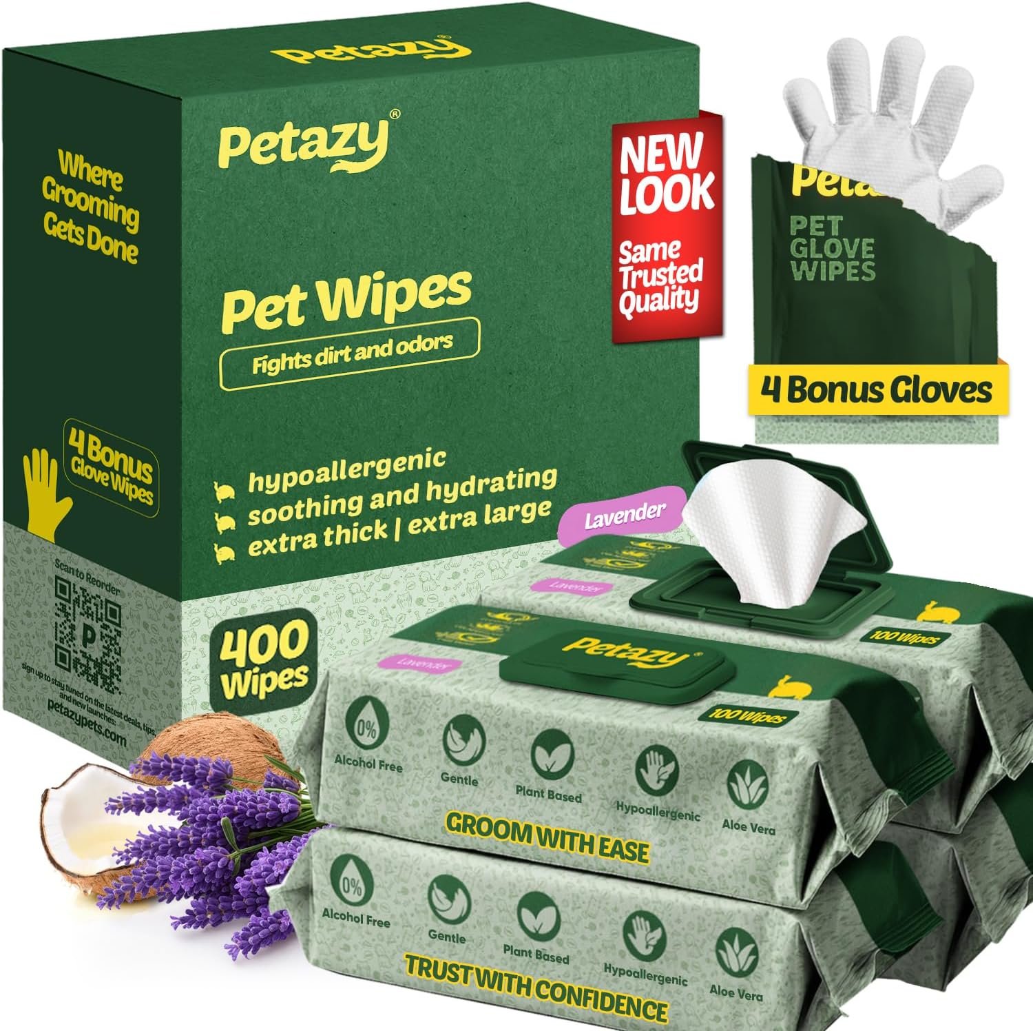 81tfUUBbNL._AC_SL1500_.jpg Petazy Dog Wipes for Paws and Butt – 400 Count (8x8in) Hypoallergenic, Deodorizing Pet Wipes for Dogs and Cats | Extra Large, Plant-Based, Lavender Scented | Includes 4 Grooming Glove Wipes - Image 1