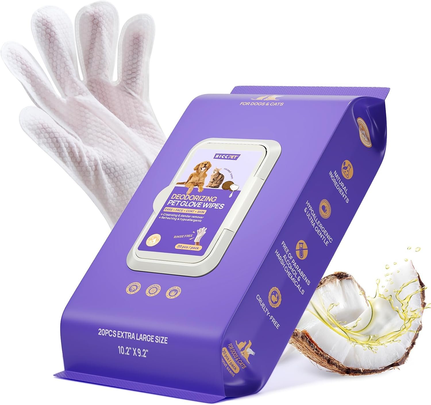 img1 HICC PET Hypoallergenic Cleaning Glove Wipes – Coconut, 20 Pack - Image 1